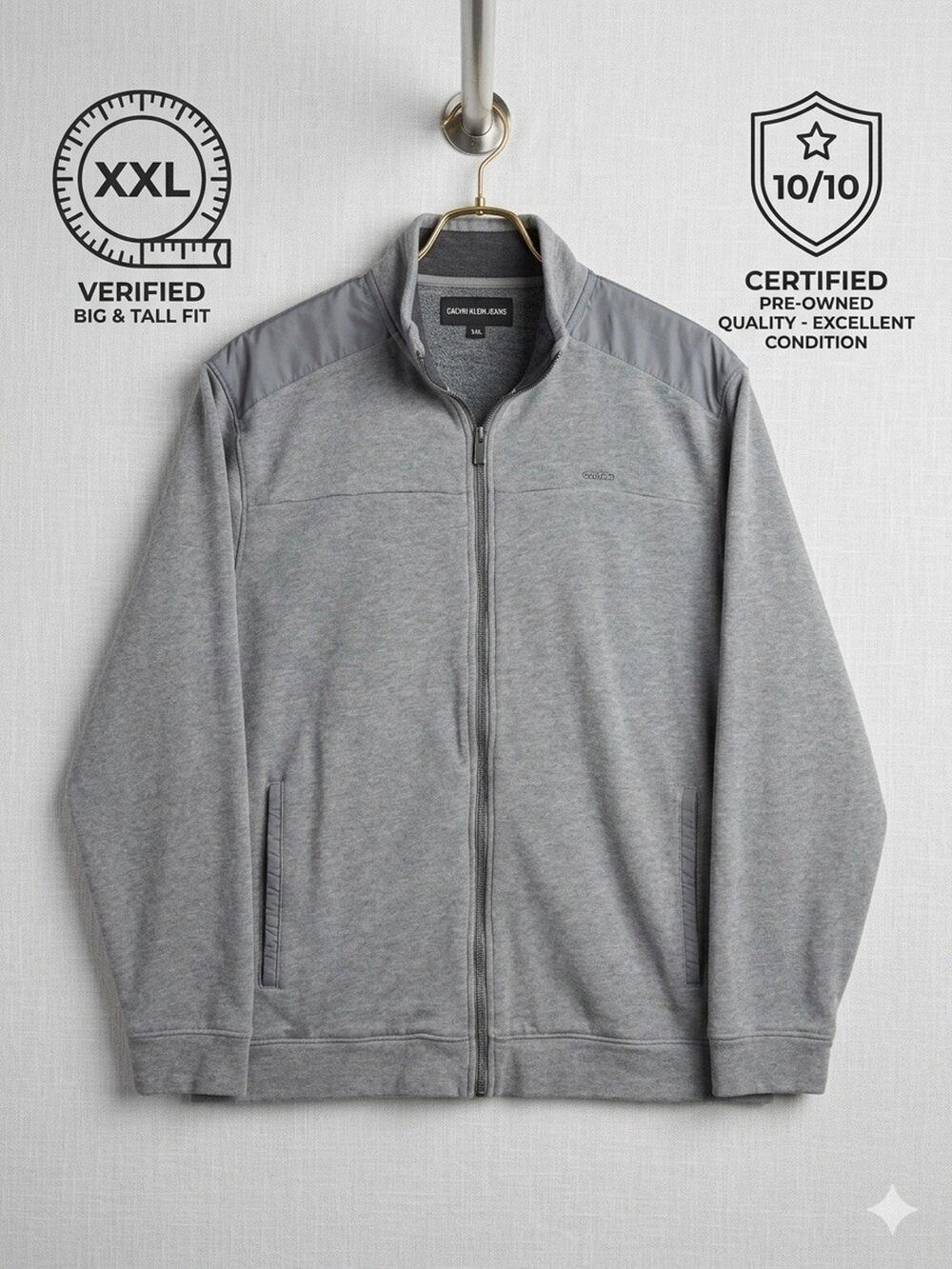 Calvin Klein Mens XXL Gray Full Zip Fleece Sweatshirt Nylon Shoulder Panels